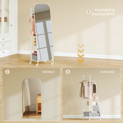 Freestanding Mirror Coat Rack, 50 x 165.8 cm, 360° Swivel Wheels, Storage Box & Hooks for Bedroom,