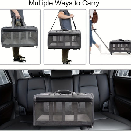 Double Compartment Detachable Travel Carrier for 2 Cats & Puppies - Spacious Pet Trolley with Ventilated Mesh & Removable Lining, Durable Wheels & Ergonomic Handle for Airplane Travel, Vet Visits, Road Trips