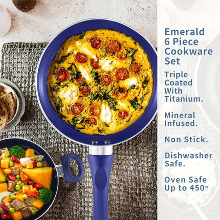 6pcs Nonstick Cookware Set - Diamond Blue, Aluminum & Ceramic Pots and Pans Lids,