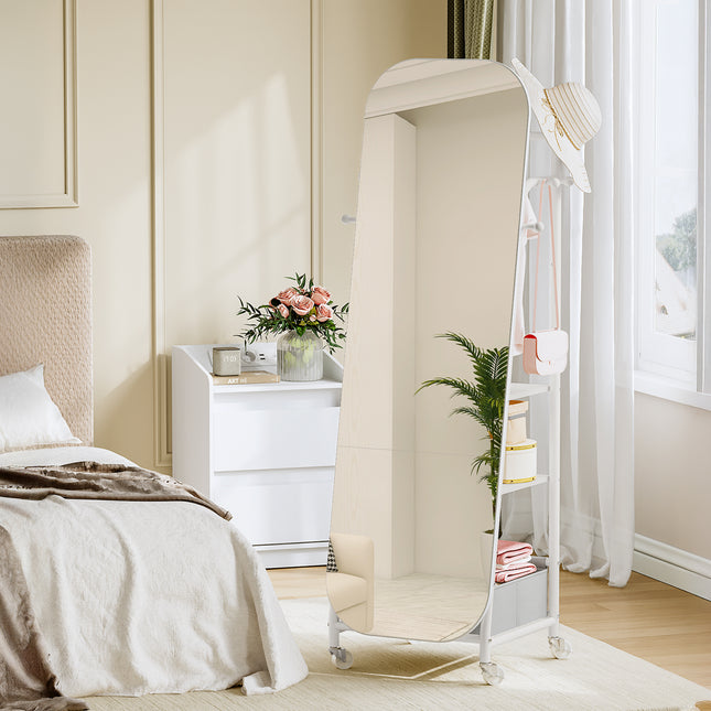 Freestanding Mirror Coat Rack, 50 x 165.8 cm, 360° Swivel Wheels, Storage Box & Hooks for Bedroom,