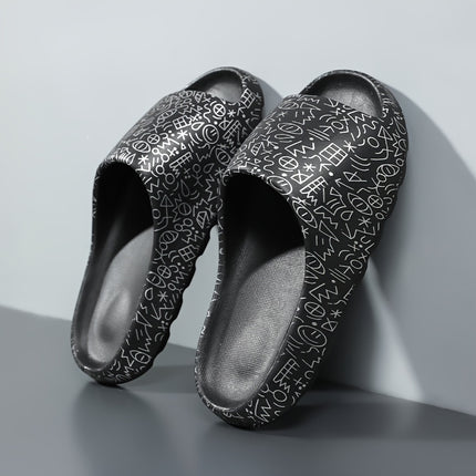 2 pcs Men's Plus Size Slippers, Men's Fashion Graffiti Casual Slides, Couples Indoor Outdoor Soft