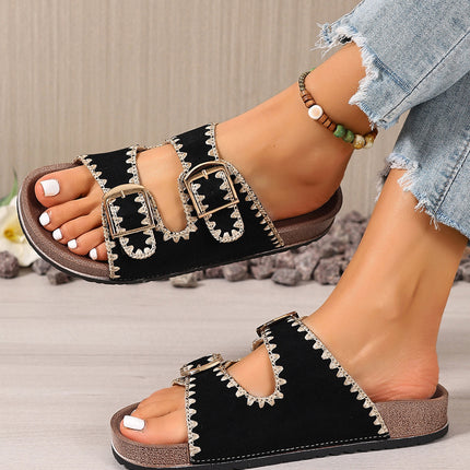 Black Embroidered Trim Retro Buckle Faux Suede Slippers