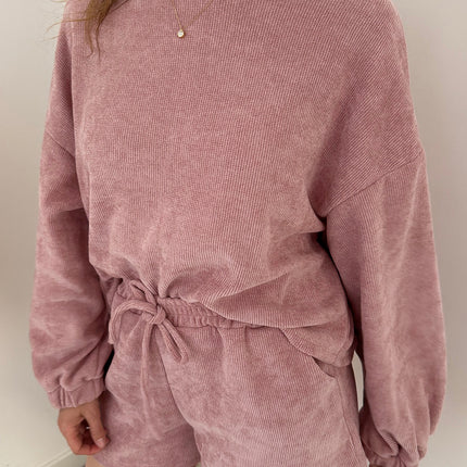 Fushia Solid Color Textured Knit Drop Shoulder Pullover Drawstring Shorts Set