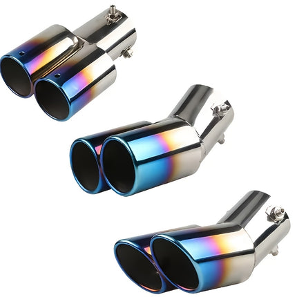 Universal Dual Exhaust Pipe with Blue Tips, Made of Stainless Steel, Designed for