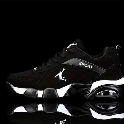 Air Cushion Casual Sneakers  Black/White Colorway, PU Upper, Geometric Design