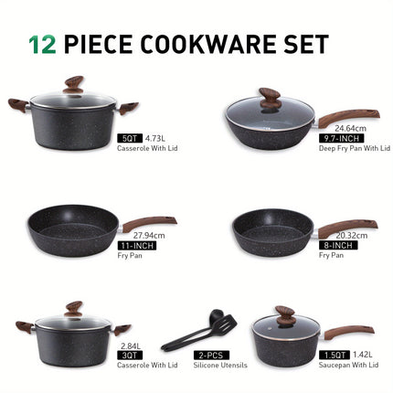 12-Piece Granite Non-Stick Cookware Set - Premium Induction Ready Cooking Pan Set,