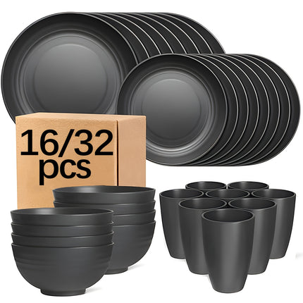 16/32pcs Plastic Tableware Set, Including Dinner Plates, Dessert Plates, Bowls, and Cups,