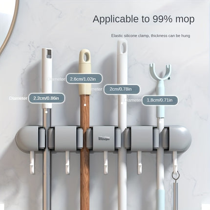 Wall-Mounted Mop and Broom Holder Organizer with Strong Adhesive, 5-Slot Plastic Storage Rack for Bathroom