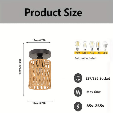 1pc Rattan Ceiling Light Fixture, Bohemian Style Flush Mount Ceiling Lamp, Handwoven Wicker Chandelier,