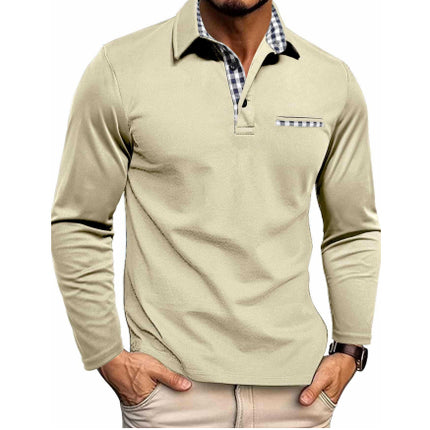 Casual Plaid Splicing Lapel Polo Shirt Fashion Solid Color Long Sleeve Top Men's Clothing