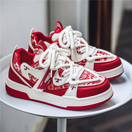 Men's Versatile Street Style Skateboot Shoes - Casual Fashion Sneakers in Red & White with Abstract Pattern,