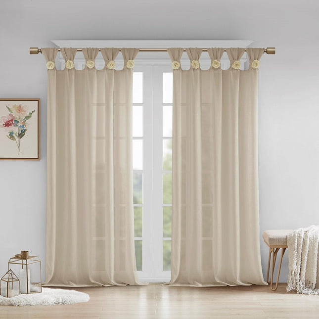 Floral Emb hed Cuff Tab Top Solid Curtain Panel(Only 1 Pc Panel)