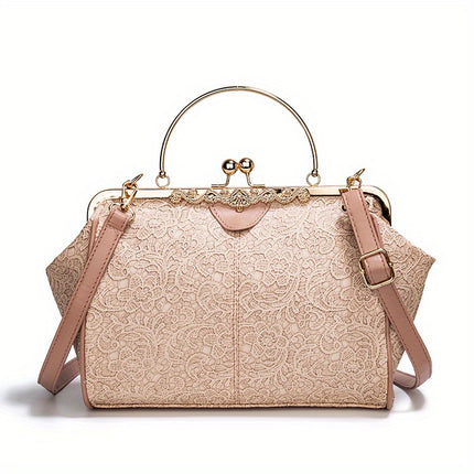 Women'S Geometric Striped Faux Leather Crossbody Bag with Removable Strap, Kiss Lock Closure