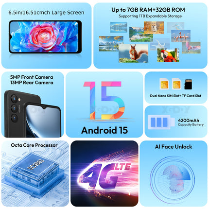 XGODY X36 Smartphone Black/Blue, 5MP+13MP Camera 6.5" HD TouchScreen 7GB RAM + 32GB ROM,
