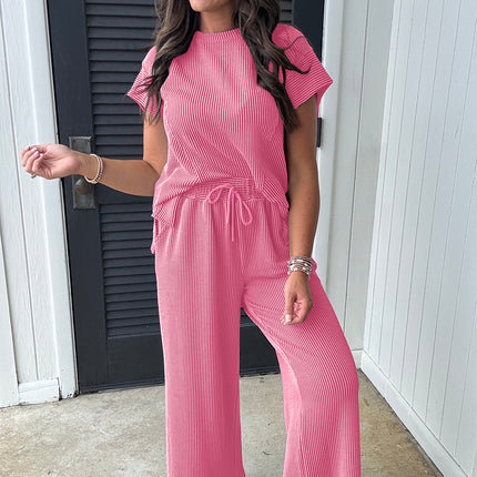 Bright Pink Solid Corded Knit Short Sleeve T Shirt and Wide Leg Pants Set