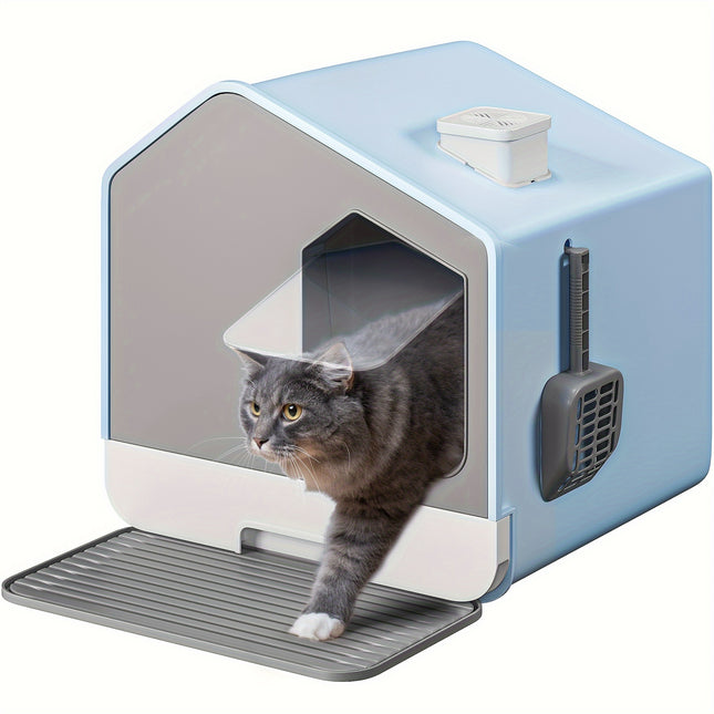 Silicone & PP Large Enclosed Cat Litter Box with PAD and Shovel, Odorless Splash-Proof Cover, Easy No-Install Design for Cats