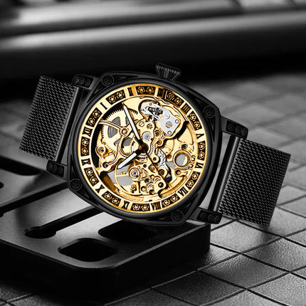 1pc Men's yellow black mesh belt college style niche fully automatic hollow tourbillon