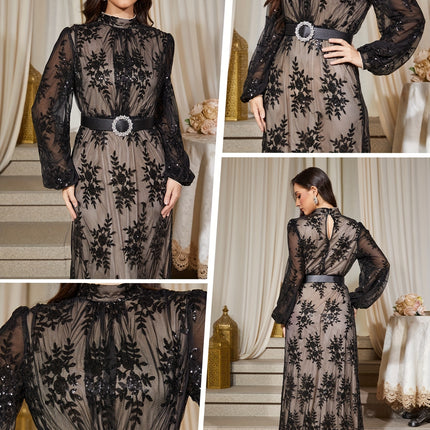 Elegant Women'S Semi-High Neck Long Sleeve Lace Arabian Dress with Sequin and Floor-Length,