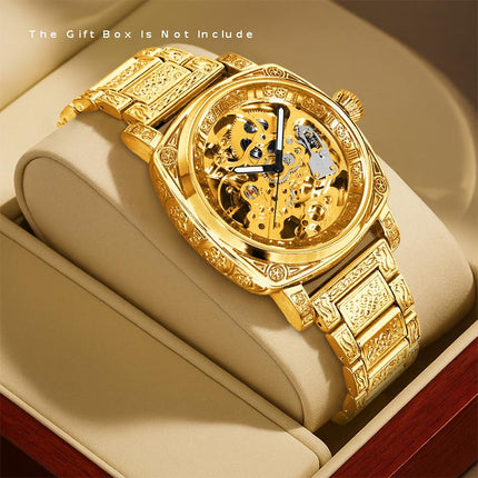 1pc Men's yellow steel strip business style versatile finely carved Roman fully automatic mechanical watch