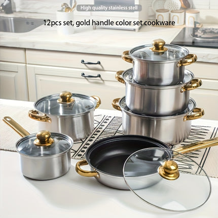 12pcs Stainless Steel Cookware Set, (6 Pots + 6 Lids) Kitchen Cooking Set With Golden Handles,