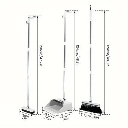 Triple-in-One Home Cleaning Kit, Essential Furniture Cleaning Tools, Soft-Bristle Broom, Dustpan,