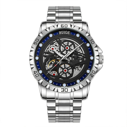 Stylish Men'S Automatic Mechanical Watch with Stainless Steel Strap, Luminous Hands & Hollow Round Dial