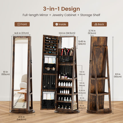 360° Rotating Jewelry Armoire With Lockable, 63" H Full Length Mirror With Jewelry Storage,