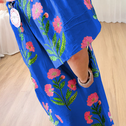 Blue Floral Short Sleeve Split Neck Loose Mini Dress