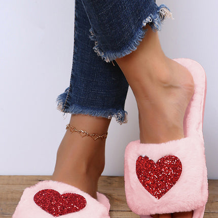 Pink Sequin Heart Shaped Slip On Plush Slippers