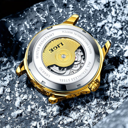 Men'S Luxury Mechanical Watch | Business Style, Mixed Color, Rhinestone Inlay, Transparent Bottom Cover,