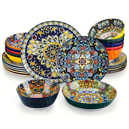 24pcs Dinner Set Stoneware Bohemian Style Tableware with Dinner Plate Dessert Plate Pasta Bowl Cereal Bowls
