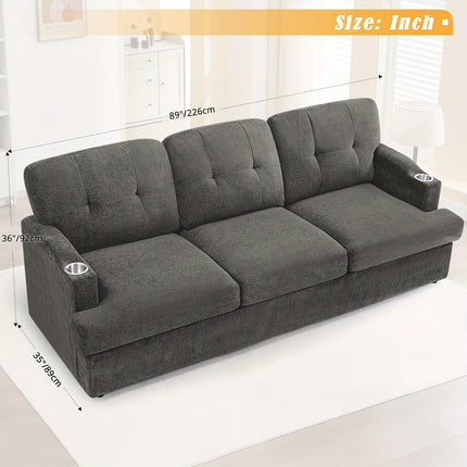 Sofa, Tufted Sofa W/ Soft Back, Comfortable Sofa with Cup Holders for Living Room, Office