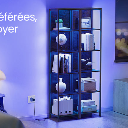 6 Tier Bookcase with Adjustable LED Lighting, Shelf with Steel Frame, 30.3 x 40 x 178.6 cm, for Living Room, Bedroom