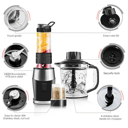 Blender & Food Processor with Tritan Bottle - 3-in-1 Juicer, Meat Chopper, Ice Crusher, Coffee Grinder