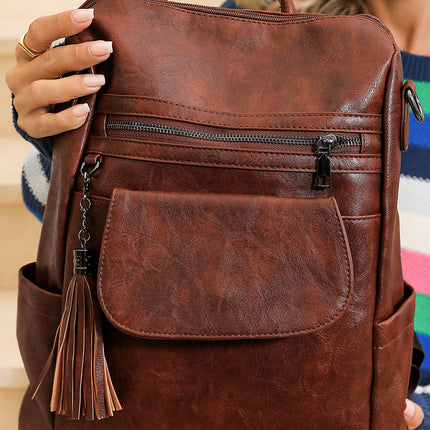 Dark Brown Tassel Decor Retro PU Large Capacity Backpack