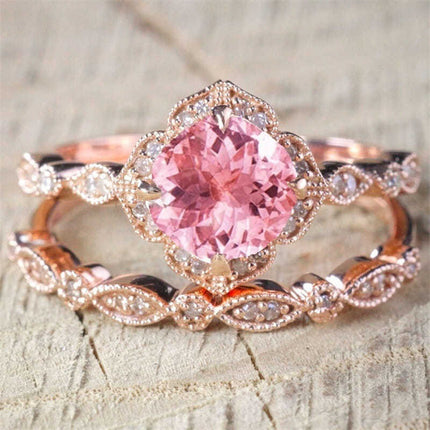 European And American-style Rose Gold Ring Set With Delicate Micro-paved Zirconssophisticated Trendy Jewelry