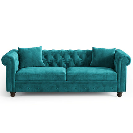 Sofa In Black Velvet, Featuring Rolled Arms, 23.6" Deep Seat With Two Throw Pillows