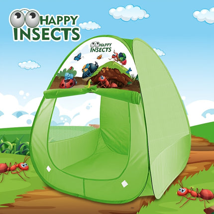 A Geometric Puzzle Tent Shaped Like a Triangle, Featuring a Design with Green Grass And Insects. It Is Washable, Foldable, And Made with a Steel Frame And Polyester Fabric, Suitable for Both Boys And Girls.