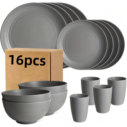 8/16pcs Grey Unbreakable High quality plastic Dinnerware Sets - Reusable, Lightweight, Microwave
