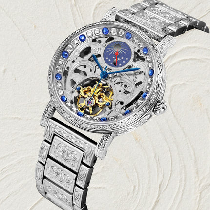 Men's Silvery Blue Steel Strip Fashion Style Versatile Sun Moon Precision Carving Fully Automatic