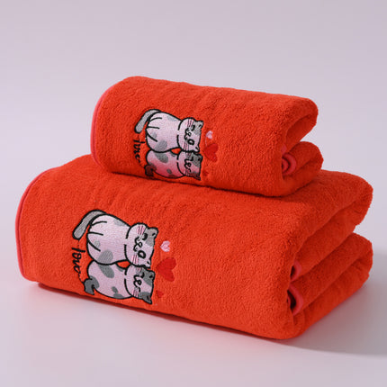 2pcs Cartoon Cat Embroidery Towel Set, Super Absorbent Coral Fleece, Soft & Comfortable