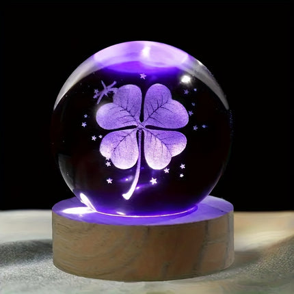 A Crystal Ball with 7 Colors, a Four-Leaf Clover Night Light Warm Glow, USB Powered with a Wooden Base