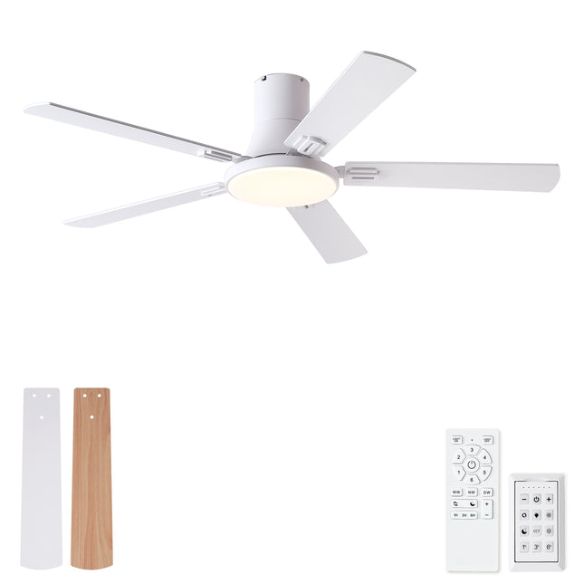 52 inch Flush Mount Ceiling Fans with LED Light 24W and Remote Control 5 Plywood Fan Blades for Bedroom and Living Room