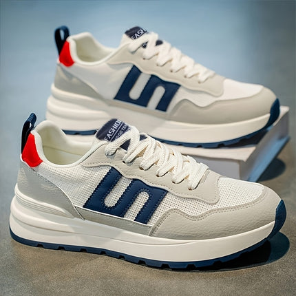 Men's Low-Top Sneakers - White/Blue/Red Accent Color Scheme, Lace-Up Closure