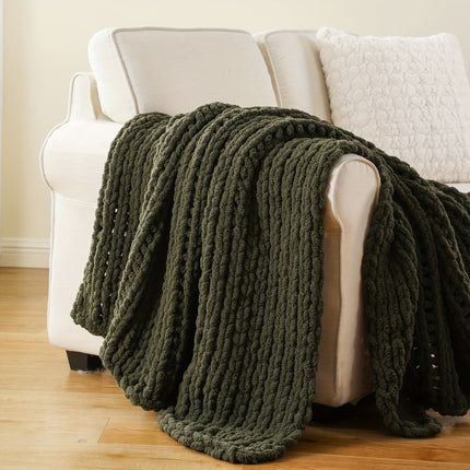 50"x60" Chunky Throw Blanket - Thick & Soft Chenille Yarn Oversized Green