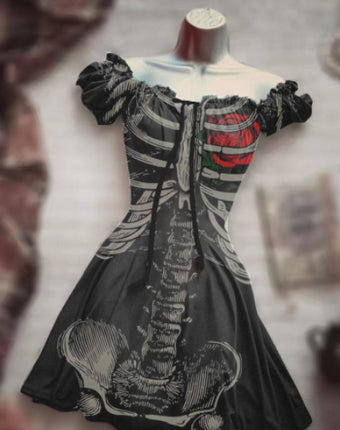 Halloween 3D Skull Print Women's Short Sleeve A- Line Skirt