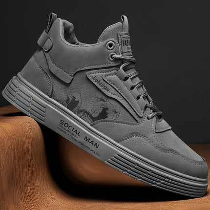 Men's High-Top Casual Sneakers - Solid Color Lace-Up Boots with PU Upper,