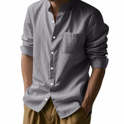 Long Sleeve Stand Collar Shirt With Pockets Casual Men's Clothing