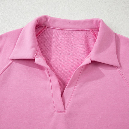 Bright Pink Polo Collar V Neck Pullover and Drawstring Sweatpants Set