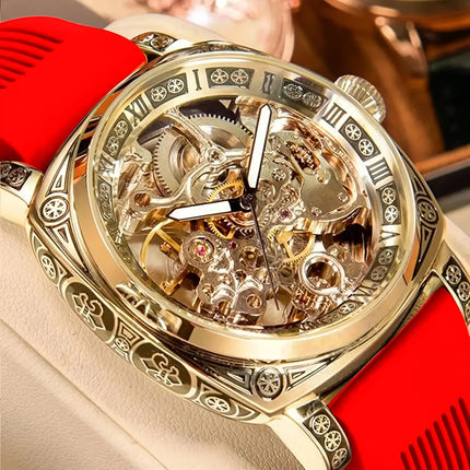 1pc Teen Men'S Yellow Black PU Belt Retro Style Noble Carved Hollow Tourbillon Mechanical Watch,